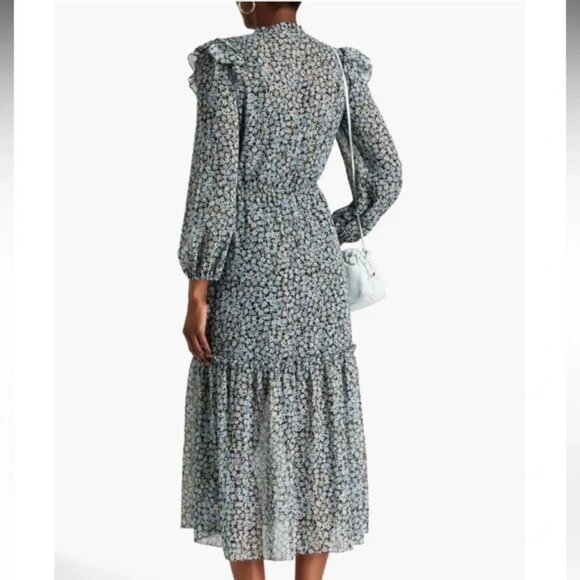 Maje Renaza Floral Sheer Chiffon Tiered Midi Dress Long Sleeve Metallic Blue - Picture 4 of 16
